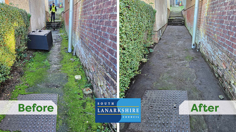 before and after shot of Woodhead lanes being cleaned up thanks to special Frontline First funding