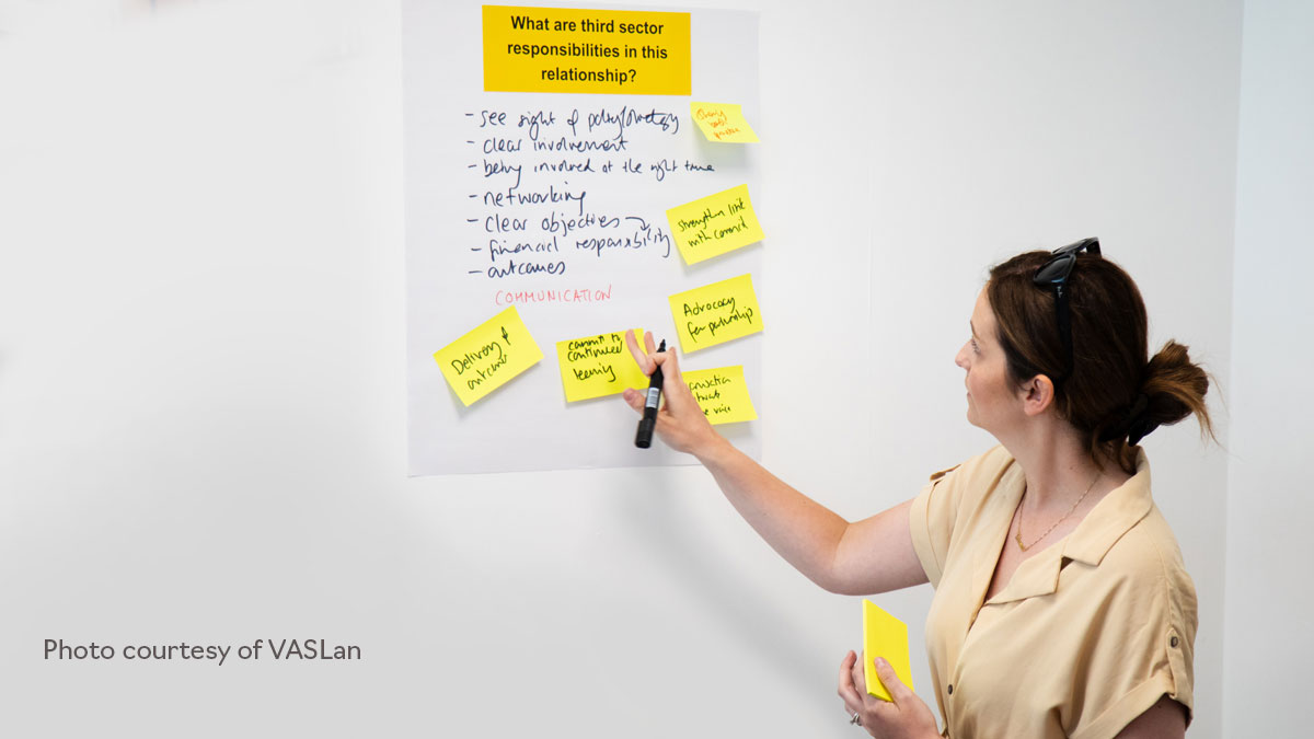 This is an image of the back of a woman writing on notes and sticking them to a wall with a large note at the stop asking: What are third sector responsibilities in this partnership?