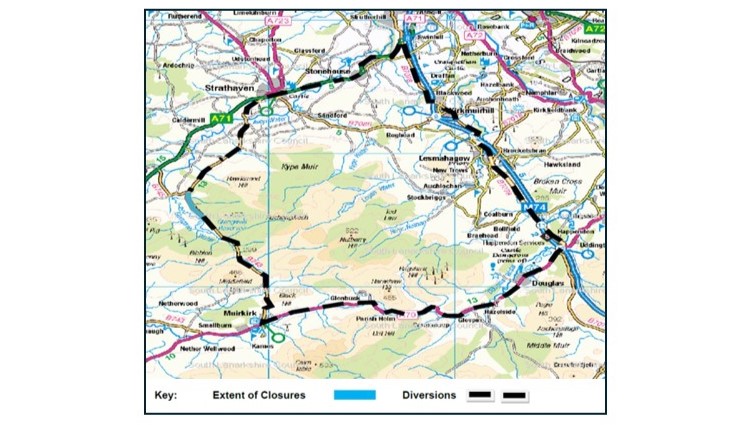 A map showing the diversion route and closure location for roadworks on a section of the B743 Muirkirk Road between Strathaven and Muirkirk.